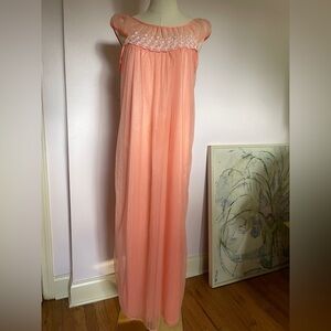 Vintage coral pink nylon layered nightgown.